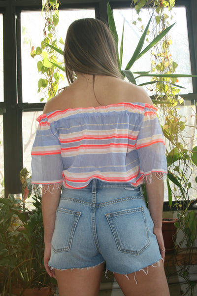 LEMLEM Fiesta Off-Shoulder Top beach resort wear Lavender Stripe