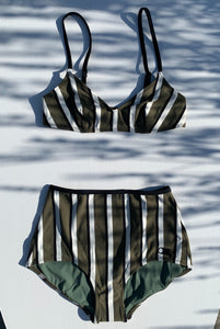 The Brigitte Bikini Bottom Solid & Striped Swimwear - Olive, cream & black stripe