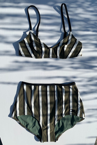 Brigitte Bikini Bottom - Olive, Cream & Black Stripe