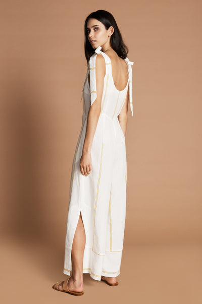 SANCIA Vaia Jumpsuit with full leg and shoulder tie in Maissane White Stripe