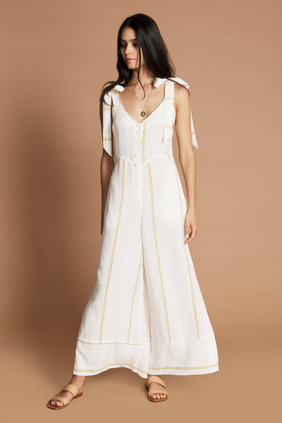 SANCIA Vaia Jumpsuit with full leg and shoulder tie in Maissane White Stripe