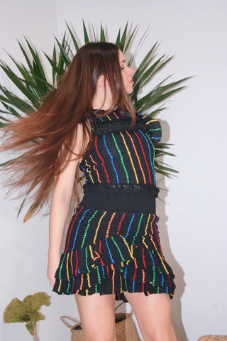 Vintage Inspired Embroidered Rainbow Stripe Mini Skirt - Black