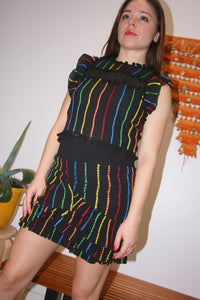 Vintage Inspired Embroidered Rainbow Stripe Top - Black